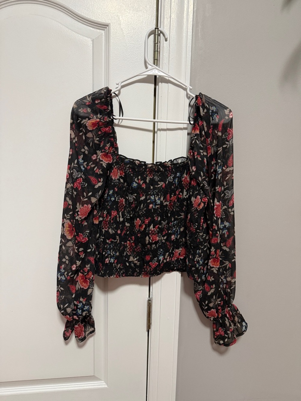 miami Black Floral Smocked Crop Top with Red & Pink Blooms